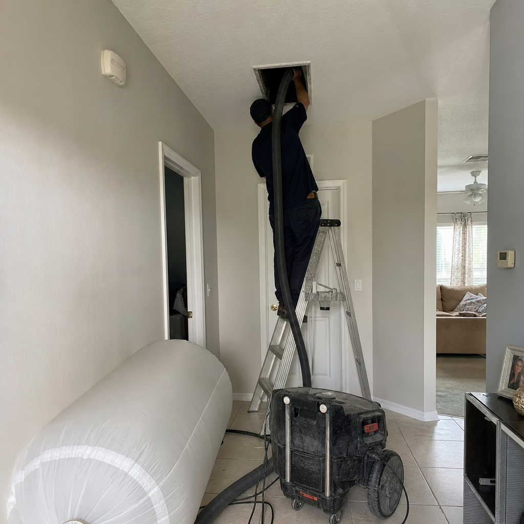 Professional air duct cleaning technician performing residential vent maintenance