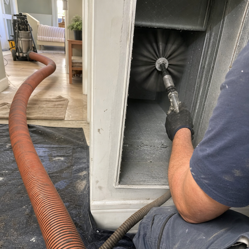 Technician performing professional air duct cleaning with rotating brush and vacuum.