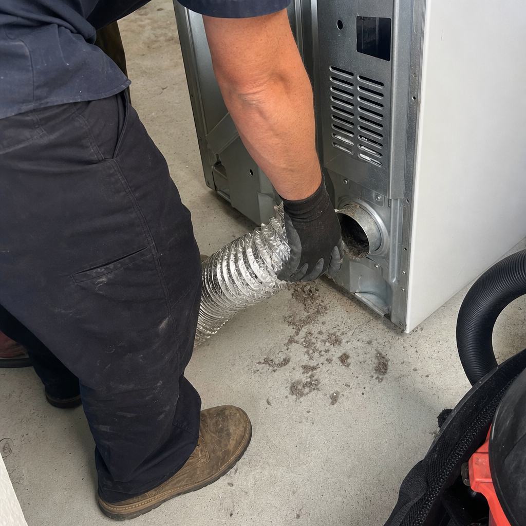 Technician performing professional dryer vent cleaning service