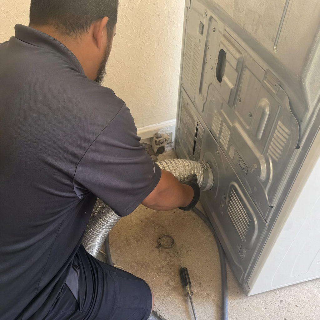 Technician connecting a metal dryer vent hose for professional maintenance.