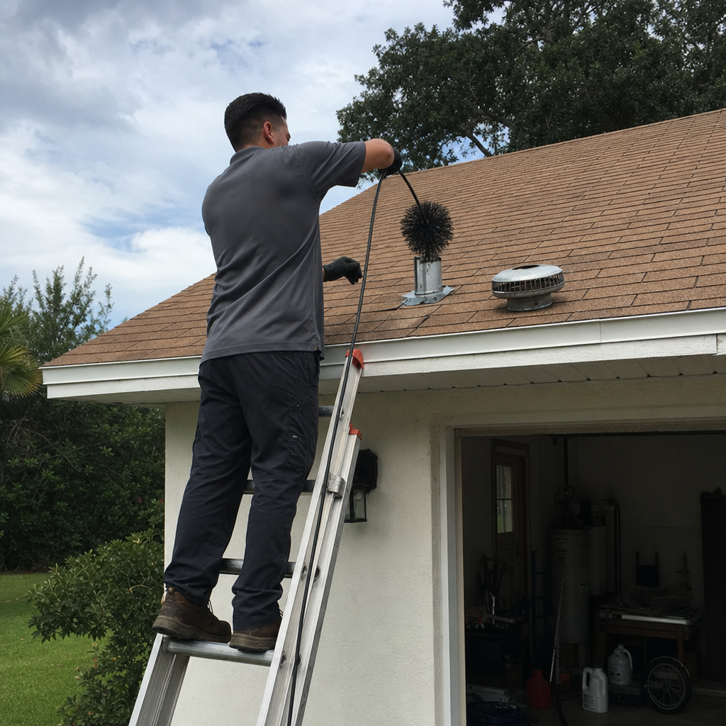 Technician using a rotary brush to perform professional dryer vent cleaning