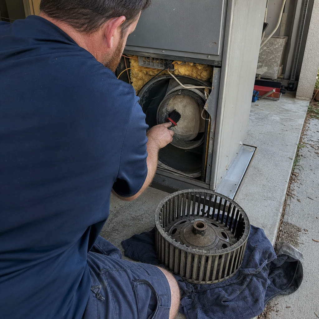 HVAC technician cleaning furnace blower housing for improved air quality