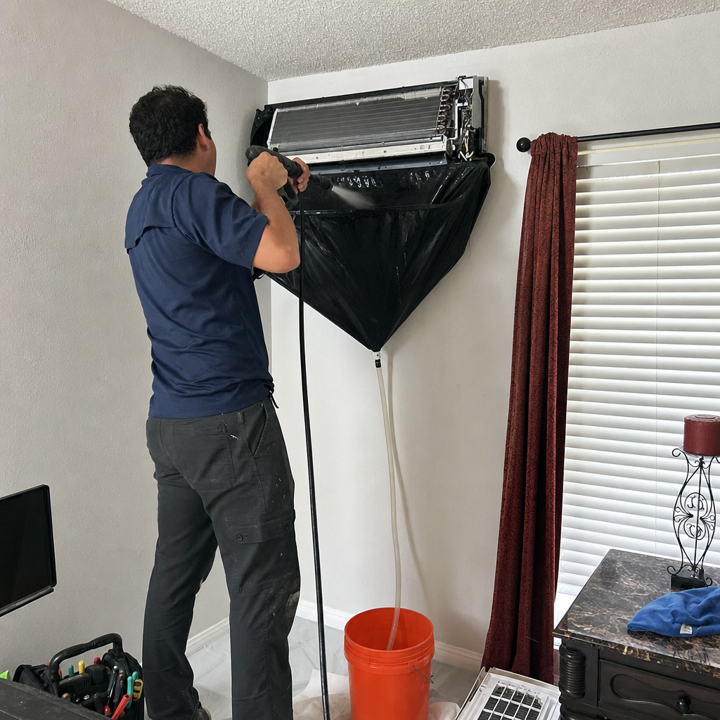 Technician performing professional wall-mounted HVAC system cleaning and maintenance