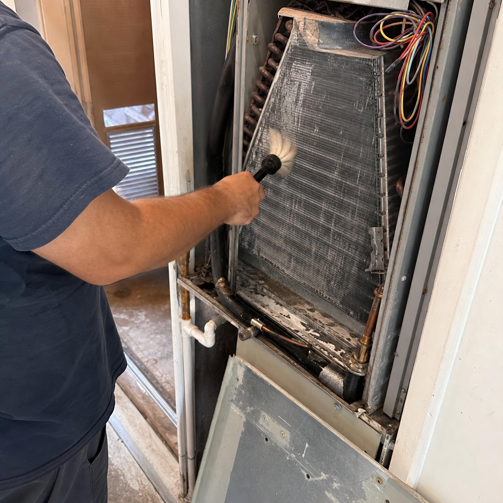 Professional HVAC technician performing a deep cleaning of air conditioner coils