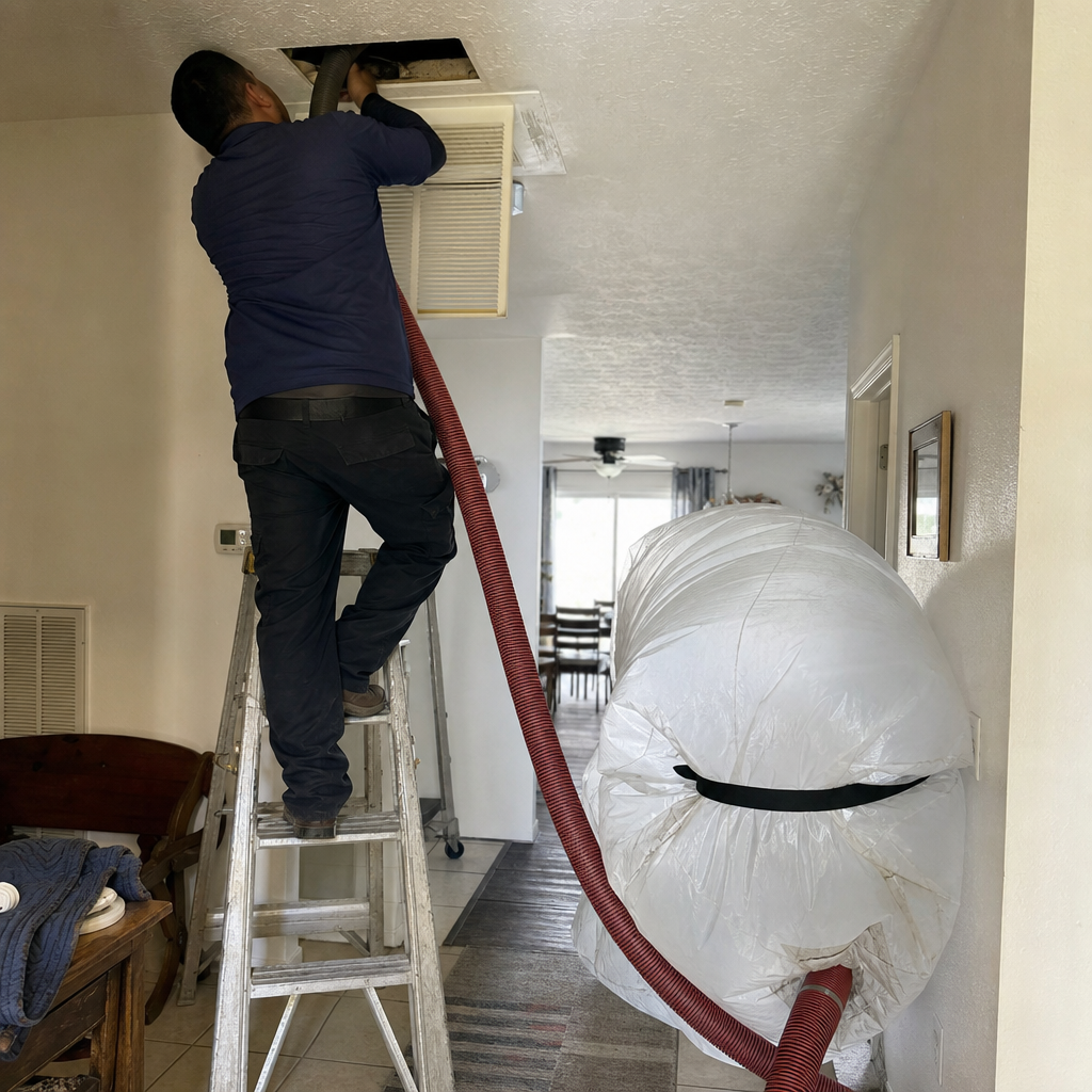 Technician performing professional residential air duct cleaning with vacuum equipment