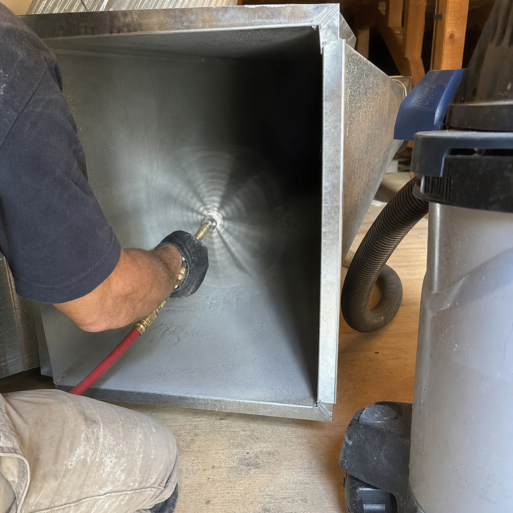 Technician performing professional residential air duct cleaning service