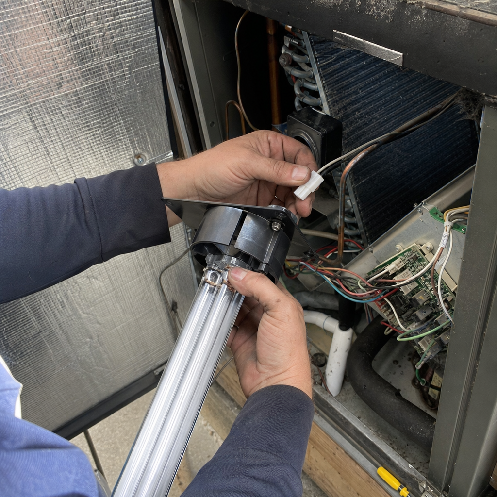 HVAC technician installing a UV light sanitizer in an air duct in Tampa, FL