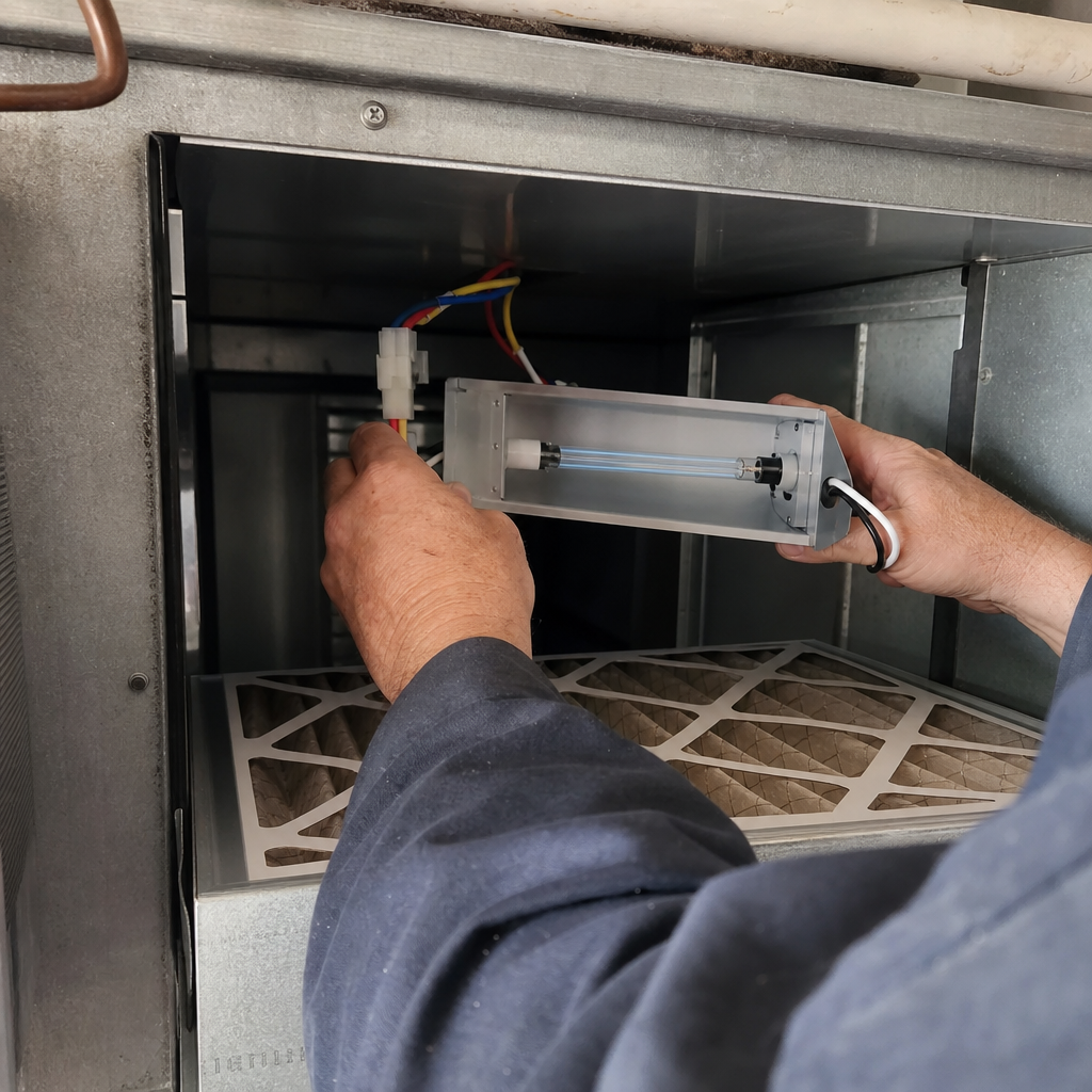 HVAC technician installing a UV light air purification system in a duct in Tampa, FL