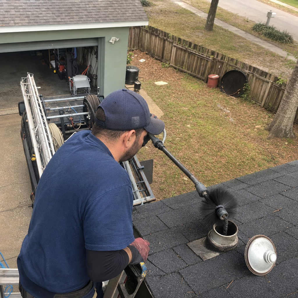 Professional technician performing residential dryer vent cleaning on a rooftop