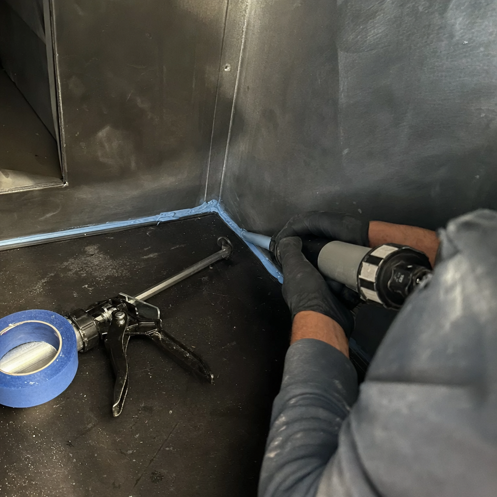 Technician applying professional sealant to metal air duct seams in Tampa, FL